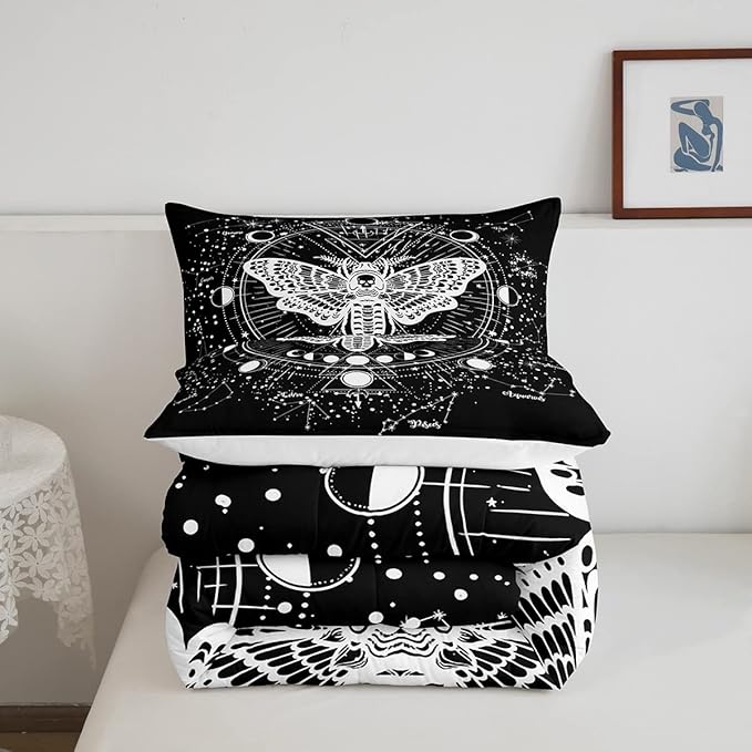 Kids Boho Moth Comforter Set Queen Boys Gothic Skull Bedding Set For Men Women Bedroom Decor Bohemian Moon Starry Sky Comforter Exotic Moth Skull Skeleton Bones Duvet Set Teens Quilt Set, Black White - LeafyLoom