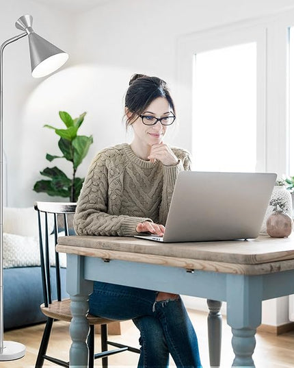 PARTPHONER Floor Lamp for Living Room, Modern Adjustable Metal Heads Standing Lamps, Simple Design Silver Floor Lamp with Foot Switch for Bedroom, Office, Kids Room, Reading, Working(Bulb Not Include) - LeafyLoom