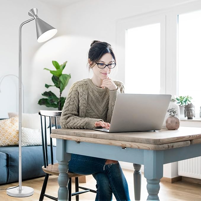 PARTPHONER Floor Lamp for Living Room, Modern Adjustable Metal Heads Standing Lamps, Simple Design Silver Floor Lamp with Foot Switch for Bedroom, Office, Kids Room, Reading, Working(Bulb Not Include) - LeafyLoom
