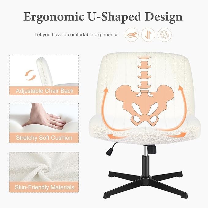 Sweetcrispy Criss Cross Chair Legged, Armless Office Desk Chair No Wheels, Swivel Vanity Chair, Height Adjustable Wide Seat Computer Task Chair, Fabric Vanity Modern Home Chair White - LeafyLoom