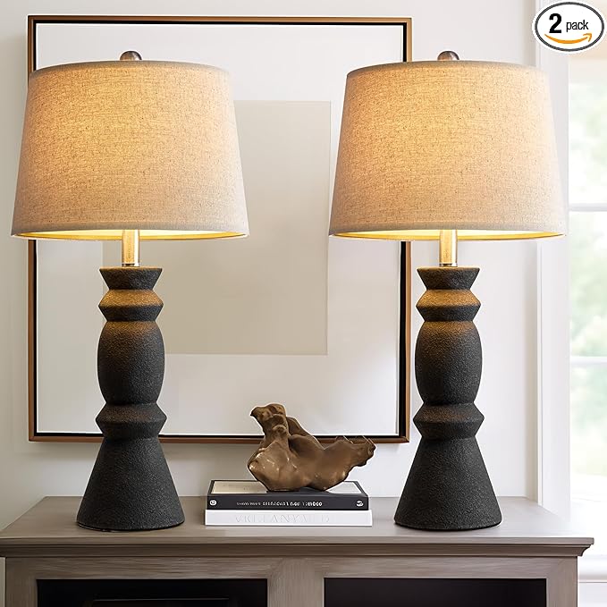 Oneach 25.75'' Farmhouse Black Ceramic Table Lamp Set of 2 for Living Room Rustic Table lamp Bedroom Nightstand Lamp End Table Lamps - LeafyLoom