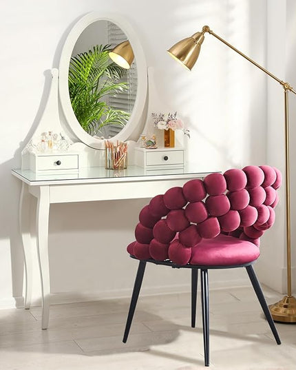 Fuchsia Woven Velvet Barrel Accent Chairs with Black Metal Legs, Upholstered Armchair for Dining Room Vanity Living Room - LeafyLoom