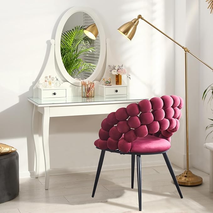 Fuchsia Woven Velvet Barrel Accent Chairs with Black Metal Legs, Upholstered Armchair for Dining Room Vanity Living Room - LeafyLoom