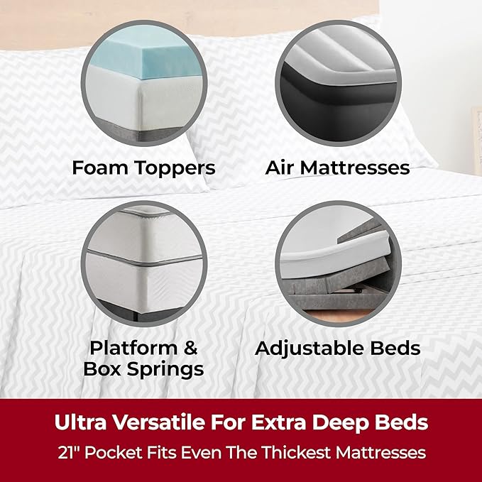 Mellanni Extra Deep Full Sheets - 4 PC Iconic Collection Bedding Sheets & Pillowcases - Hotel Luxury, Ultra Soft, Cooling Bed Sheets - Extra Deep Pocket up to 21 inch (Full, Chevron Gray) - LeafyLoom