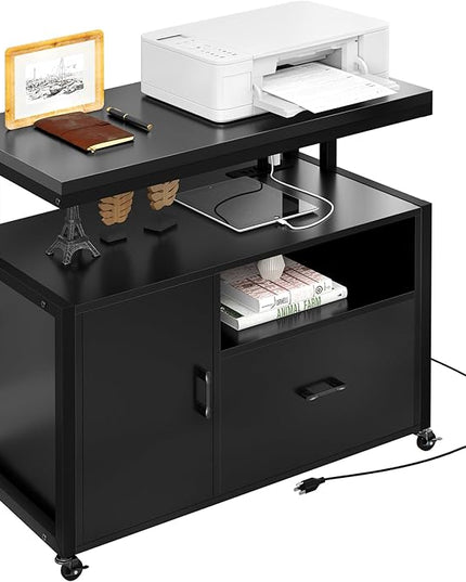 YITAHOME Wood File Cabinet with Charging Station, Rolling Filing Cabinet Cart with Door, Industrial Nightstand with Printer Shelf for Home Office, Bedroom, Living Room, Entryway, Black - LeafyLoom