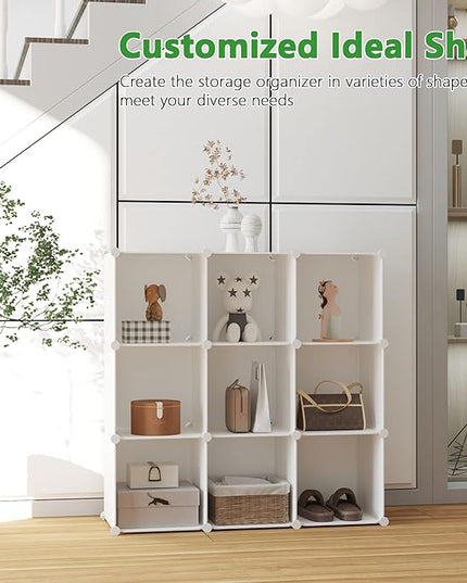 C&AHOME Cube Storage, 9-Cube Bookshelf, Plastic Closet Cabinet Organizer, DIY Stackable Bookcase, Modular Shelving Units Ideal for Home, Office, Kids Room, 36.6" L x 12.4" W x 48.4" H Milky UPCS09M - LeafyLoom