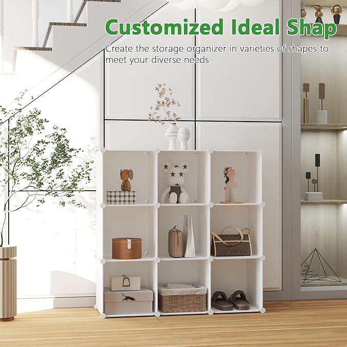 C&AHOME Cube Storage, 9-Cube Bookshelf, Plastic Closet Cabinet Organizer, DIY Stackable Bookcase, Modular Shelving Units Ideal for Home, Office, Kids Room, 36.6" L x 12.4" W x 48.4" H Milky UPCS09M - LeafyLoom