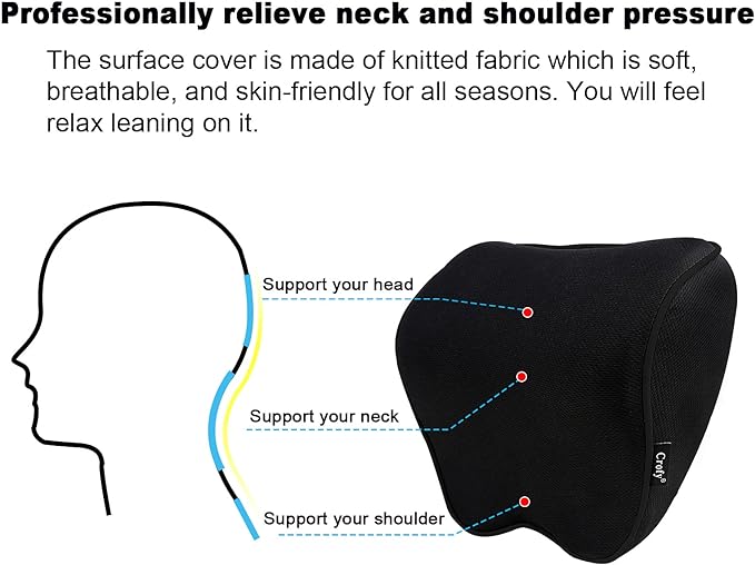 2 Pack Car Neck Pillow, Softness Car Headrest Pillow for Driving with Adjustable Strap, 100% Memory Foam and Breathable Removable Cover, Comfortable Ergonomic Design (Black Side Rope) - LeafyLoom