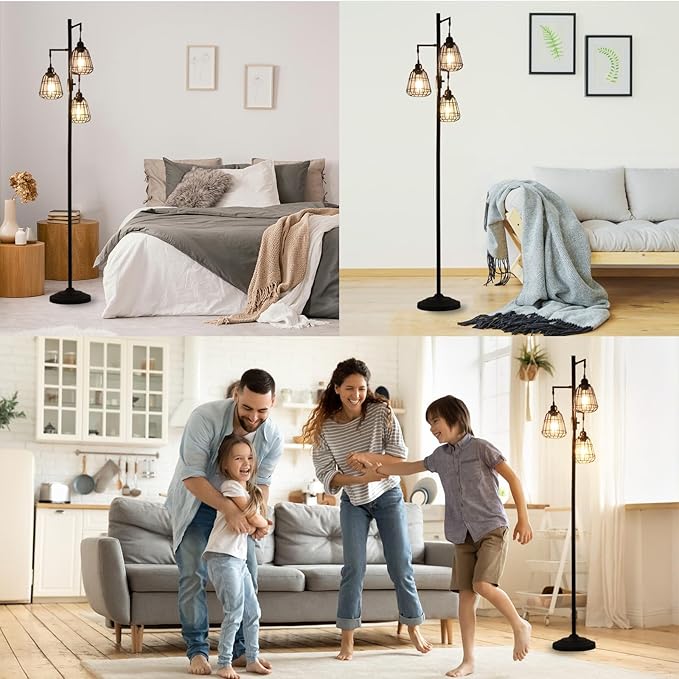9MMML 68” Living Room Floor Lamp, Industrial Farmhouse 3 Teardrop Cage Standing Lamp,Black Tall Floor Lamp for Bedroom Office, 3 LED Edison Bulbs Included - LeafyLoom