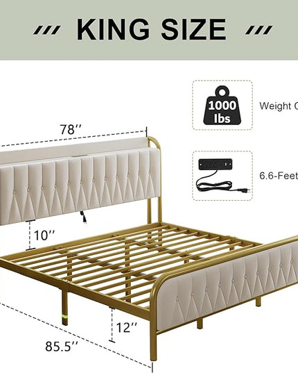Feonase King Bed Frame with Type-C & USB Ports, Metal Platform Beds, with Velvet Upholstered Headboard & Footboard, 12" Underbed Storage Space, Easy Assembly, Noise-Free, Beige - LeafyLoom