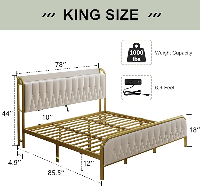 Feonase King Bed Frame with Type-C & USB Ports, Metal Platform Beds, with Velvet Upholstered Headboard & Footboard, 12" Underbed Storage Space, Easy Assembly, Noise-Free, Beige - LeafyLoom