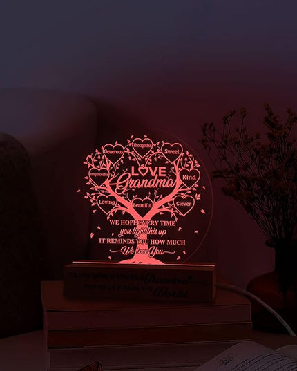 Grandma Gifts from Grandchildren, Grandma Acrylic Night Light Gift from Grandkids Grandson Granddaughter on Birthday Mothers Day Thanksgiving Christmas Bedroom Table Décor, 3D Illusion Lamp - LeafyLoom