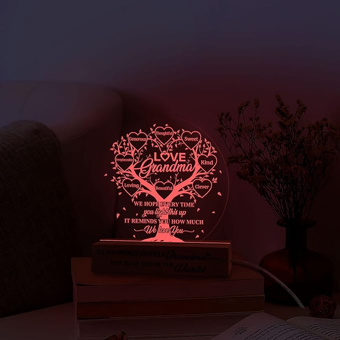 Grandma Gifts from Grandchildren, Grandma Acrylic Night Light Gift from Grandkids Grandson Granddaughter on Birthday Mothers Day Thanksgiving Christmas Bedroom Table Décor, 3D Illusion Lamp - LeafyLoom