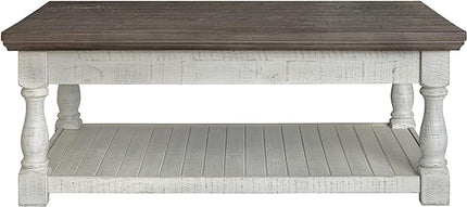 Signature Design by Ashley Havalance Farmhouse Lift Top Coffee Table with Fixed Shelf and 2 Hidden Storage Trays, Gray & White with Weathered Finish - LeafyLoom