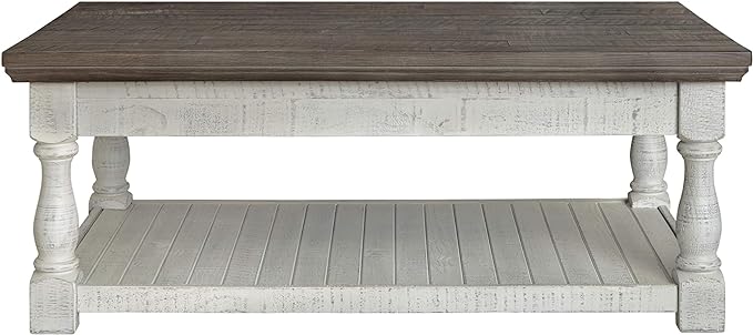Signature Design by Ashley Havalance Farmhouse Lift Top Coffee Table with Fixed Shelf and 2 Hidden Storage Trays, Gray & White with Weathered Finish - LeafyLoom