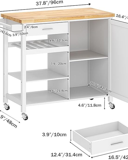 sogesfurniture Rolling Kitchen Serving Cart with Drawer and Storage Shelves, Kitchen Island Cart Trolley on Wheels with Rubberwood Countertop, Storage Cabinet, Towel Holder, White - LeafyLoom