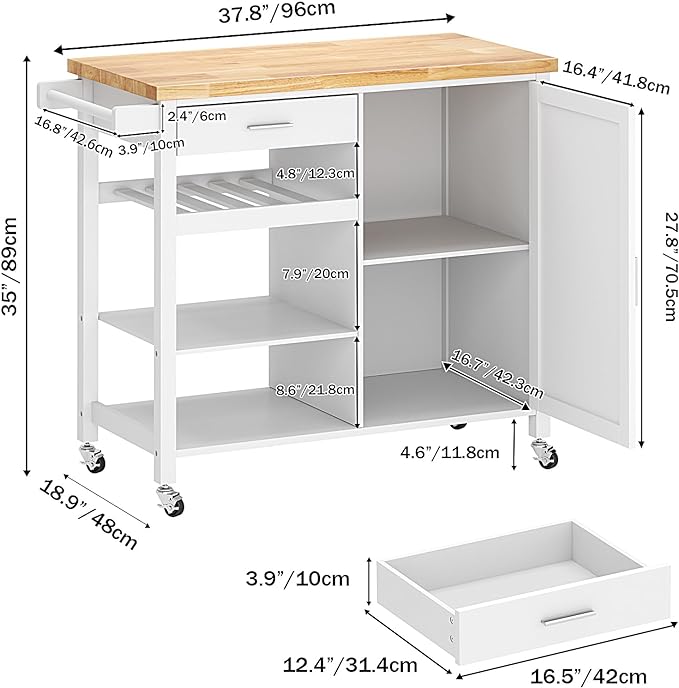 sogesfurniture Rolling Kitchen Serving Cart with Drawer and Storage Shelves, Kitchen Island Cart Trolley on Wheels with Rubberwood Countertop, Storage Cabinet, Towel Holder, White - LeafyLoom