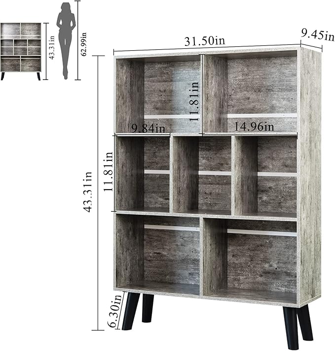 LEYAOYAO Bookshelf Cube Storage Organizer,3 Tier Bookcase with Legs,Modern Wood Open Shelf,Dirty Grey Bookshelves,Free Standing Display Short Book Shelves for Narrow Space,Bedroom,Living Room,Office - LeafyLoom