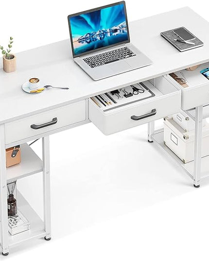 ODK Office Small Computer Desk: Home Table with Fabric Drawers & Storage Shelves, Modern Writing Desk, White, 48"x16" - LeafyLoom