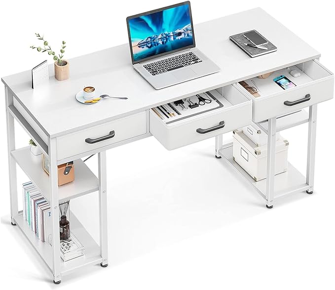 ODK Office Small Computer Desk: Home Table with Fabric Drawers & Storage Shelves, Modern Writing Desk, White, 48"x16" - LeafyLoom