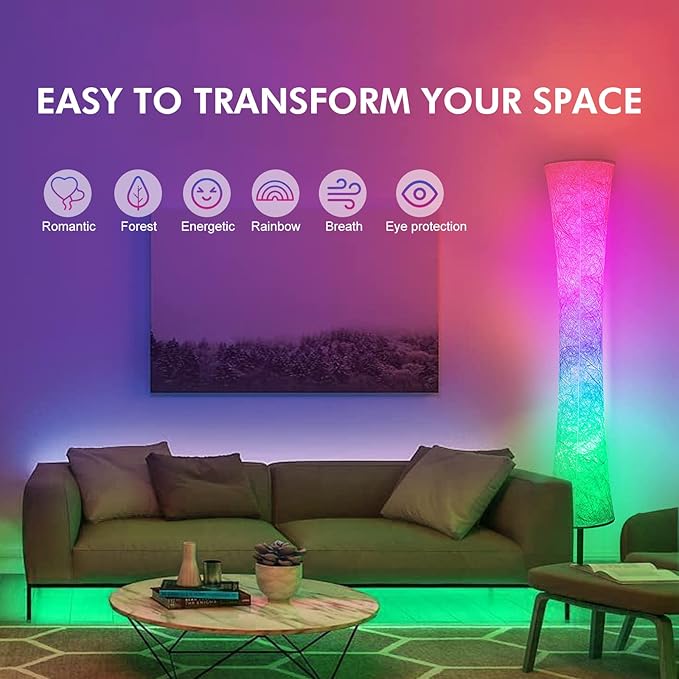 AKT LIGHTING Smart Floor Lamp, RGB Color Changing LED Lamp, App Control Modern Floor Lamp with DIY Mode and Music Sync, Standing Lamp with White Fabric Shade for Living Room, Bedroom and Play Room - LeafyLoom