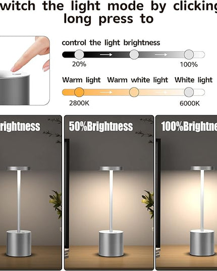 2Pack Cordless Table Lamp, Rechargeable LED Battery 5000mAh Metal USB Portable Powered Desk Lamp, 3 Levels Brightness Light for Restaurants Outdoor (2pack 10.25in Silver) - LeafyLoom