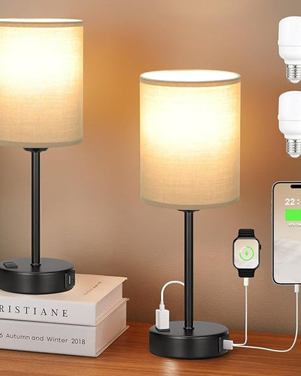 Innqoo Grey Touch Bedroom Lamps Set - 3 Way Dimmable Bedside Lamps with USB C and A Ports and Outlets, Nightstand Lamps with Black Base, Small Lamps for Nursery Office - LeafyLoom