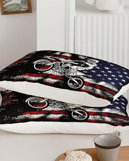 Axolotl Dirt Bike Comforter Set Twin,American Flag Bedding Set,Motocross Comforter Set,White Red Stripes Stars Comforter Set,Motorcycle Racer Comforter for Boys Kids Teens Men,1 Quilt 2 Pillowcases - LeafyLoom