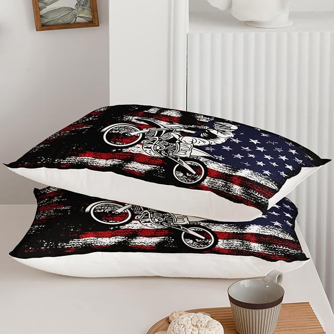 Axolotl Dirt Bike Comforter Set Full,American Flag Bedding Set,Motocross Comforter Set,White Red Stripes Stars Comforter Set,Motorcycle Racer Comforter for Boys Kids Teens Men,1 Quilt 2 Pillowcases - LeafyLoom