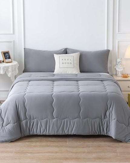COTTEBED Ultra-Soft Comforter Set Queen/Full Size Bed, Jersey Knit T-Shirt Feeling Fluffy Cozy Comy Durable Lightweight Quilt Bedding Down Blanket & 2 Pillowcase for All Season Use, Dark Grey - LeafyLoom