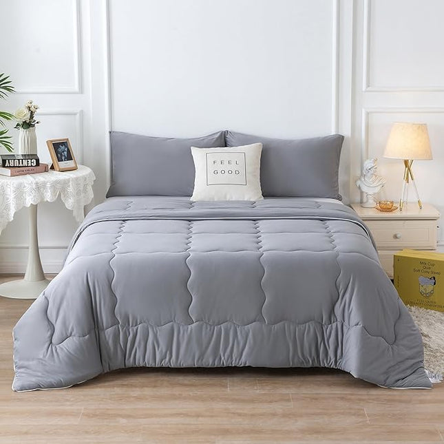 COTTEBED Ultra-Soft Comforter Set Queen/Full Size Bed, Jersey Knit T-Shirt Feeling Fluffy Cozy Comy Durable Lightweight Quilt Bedding Down Blanket & 2 Pillowcase for All Season Use, Dark Grey - LeafyLoom