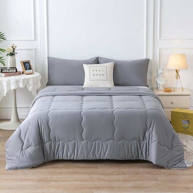 COTTEBED Ultra-Soft Comforter Set Queen/Full Size Bed, Jersey Knit T-Shirt Feeling Fluffy Cozy Comy Durable Lightweight Quilt Bedding Down Blanket & 2 Pillowcase for All Season Use, Dark Grey - LeafyLoom