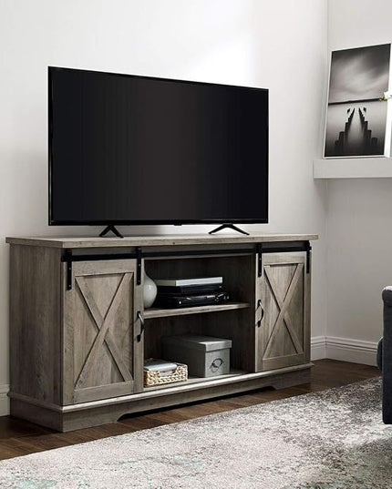 Walker Edison Richmond Modern Farmhouse Sliding Barn Door TV Stand for TVs up to 65 Inches, 58 Inch, Grey Wash - LeafyLoom