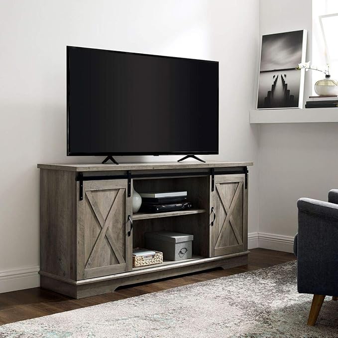 Walker Edison Richmond Modern Farmhouse Sliding Barn Door TV Stand for TVs up to 65 Inches, 58 Inch, Grey Wash - LeafyLoom