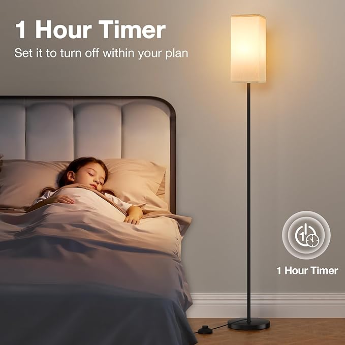 Ambimall Remote Control Floor Lamp, Stepless Dimmable, 64 Inches Tall, Include 9W Bulb, Standing Lamp for Living Room Bedroom Office (White & Black) - LeafyLoom