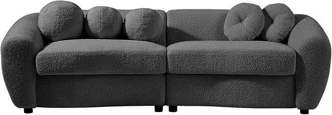Modern Cloud Curved Sofa Comfy Boucle Couch, Luxury 3 Teddy Fabric Upholstered Leisure Deap Seat Sectional Sofá with 5 Decorative Throw Pillows for Living Room, Gray 87.7" w - LeafyLoom