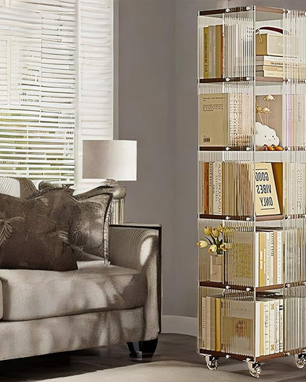 5-Tier Acrylic Book Shelf with Wheels, Mobile Tall Bookcase, Modern Unique Bookshelf Tower, Visible Display Shelf, 360° Rotating Bookshelf Organizer for Home Office Living Room, Walnut - LeafyLoom