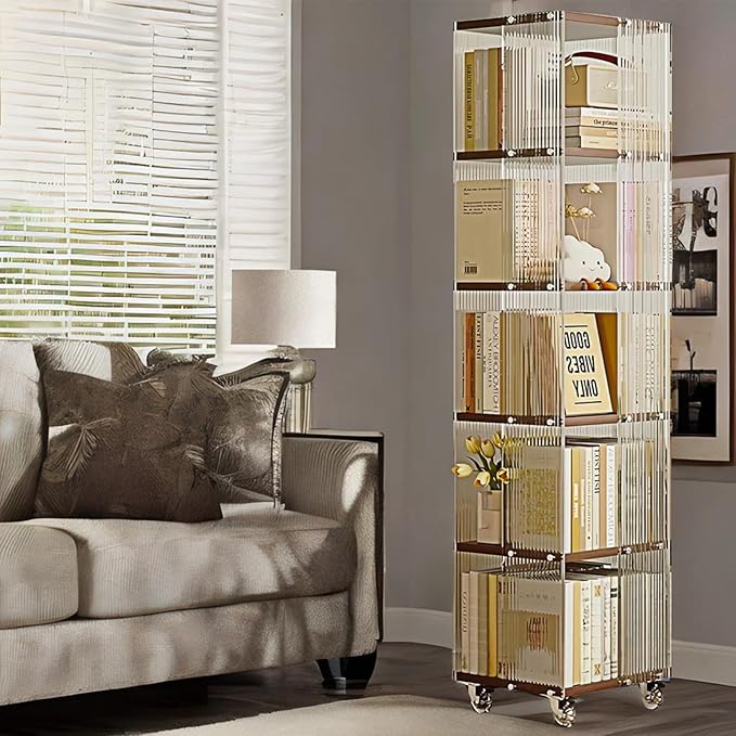 5-Tier Acrylic Book Shelf with Wheels, Mobile Tall Bookcase, Modern Unique Bookshelf Tower, Visible Display Shelf, 360° Rotating Bookshelf Organizer for Home Office Living Room, Walnut - LeafyLoom