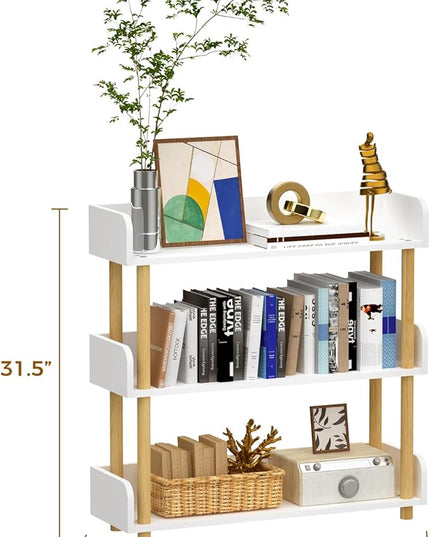 3-Tier Wooden Bookshelf, Modern Open Bookcase with Top Edge and Solid Wood Frame, Freestanding Bookshelf Storage Organizer for Home Office Living Room - LeafyLoom