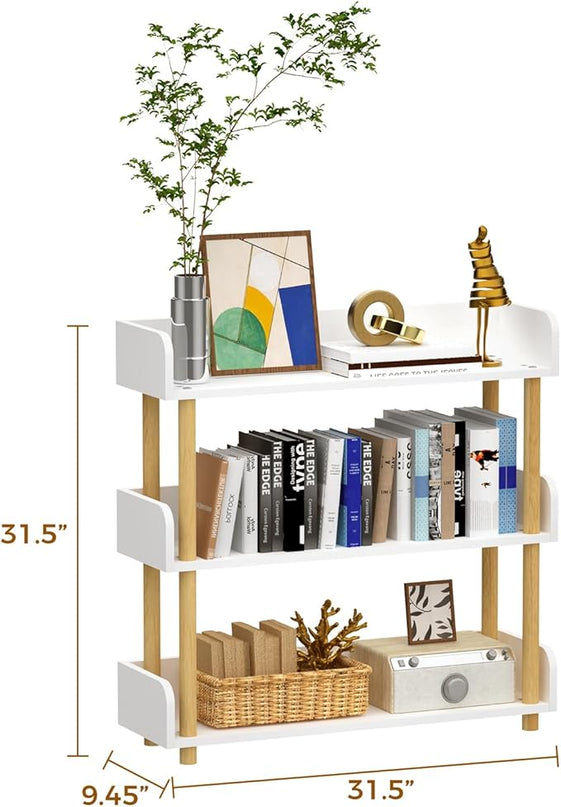 3-Tier Wooden Bookshelf, Modern Open Bookcase with Top Edge and Solid Wood Frame, Freestanding Bookshelf Storage Organizer for Home Office Living Room - LeafyLoom