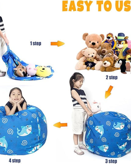 Stuffed Animal Storage Bean Bag Chair Cover, Hold Kids Plush Toys Blankets Towels Beanbag (Cover Only), Canvas Floor Circle Stuff Sit Seat Sofa with YKK Zipper, Large 32", Blue Shark - LeafyLoom