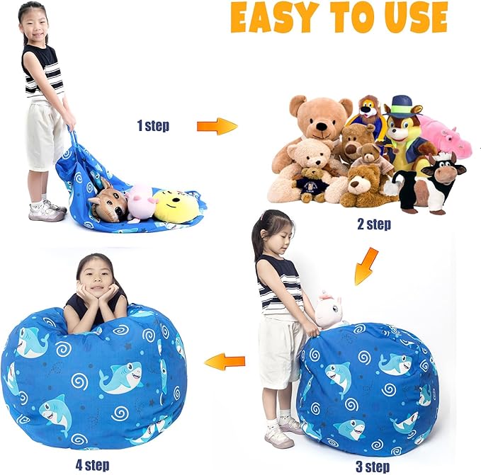 Stuffed Animal Storage Bean Bag Chair Cover, Hold Kids Plush Toys Blankets Towels Beanbag (Cover Only), Canvas Floor Circle Stuff Sit Seat Sofa with YKK Zipper, Extra Large 38", Blue Shark - LeafyLoom