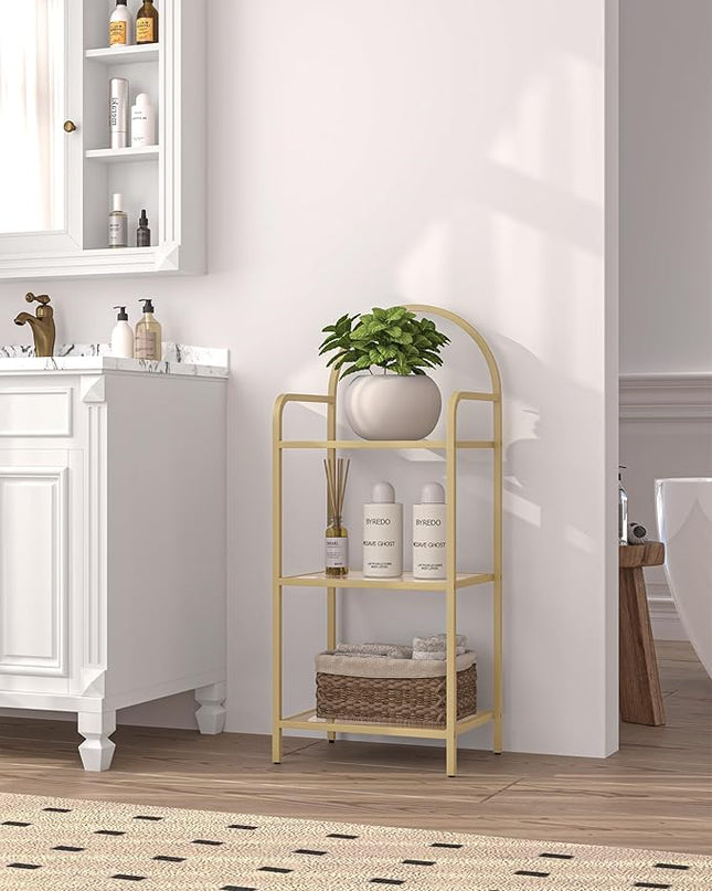 Bookcase Bookshelf, Tempered Glass Bookshelves, Slim Shelving Unit for Bedroom, Bathroom, Home Office, Steel Frame, 3 Tier Gold BC10301G - LeafyLoom