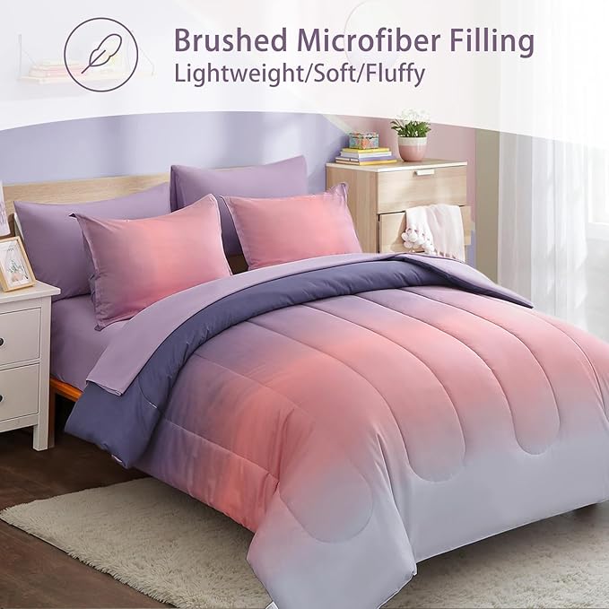 7 Pieces Comforter Set Full/Queen Size - Gradient Pink and Purple All Season Teens Rainbow Comforter Bedding Set, Ultra Soft Fluffy Microfiber Bed in a Bag for Kids - LeafyLoom