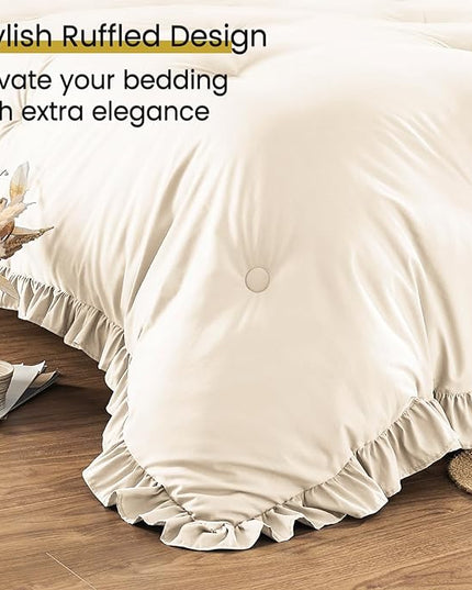 Queen Bed in a Bag 7 Pieces Comforter Set Queen, Ruffle Shabby Chic Bedding Comforter Set Birch Bed Set with Comforter, Pillowcases, Flat Sheet, Fitted Sheet and Pillow Shams - LeafyLoom