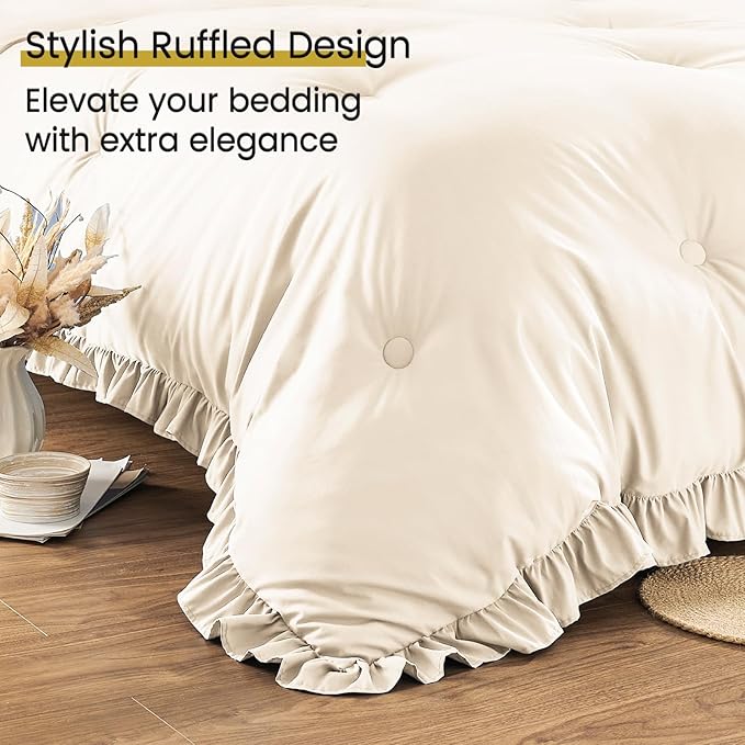 King Size Bed in a Bag 7 Pieces King Size Comforter Set, Ruffle Shabby Chic Bedding Comforter Set Birch Bed Set with Comforter, Pillowcases, Flat Sheet, Fitted Sheet and Pillow Shams - LeafyLoom