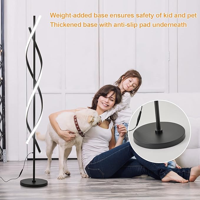 Spiral LED Floor Lamp for Bedroom,Modern Floor Lamp with Remote Control 60 Inch Dimmable Black Floor Lamp 48W Standing Lamp Timing 3 Color Temperature Corner Floor Lamps for Living Room - LeafyLoom