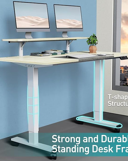 WOKA 55 x 28 Inch Electric Standing Desk with Wheels, Height Adjustable Stand up Desk with a Monitor Stand Riser, Standing Computer Desk with Memory Controllers, Adjustable Desks for Home Office - LeafyLoom
