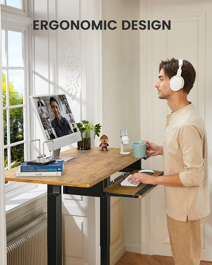 ErGear Large Electric Standing Desk with Keyboard Tray, 63x28 Inches Large Adjustable Height Sit Stand Up Desk, Home Office Desk Computer Workstation, Vintage Brown - LeafyLoom