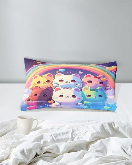 Rainbow Cat Comforter Twin Size - Rainbow Cat Bedding for Girls Room Cute Cartoon Rainbow Bedding Twin Comforter Sets for Kids, 1 Comforter+1 Pillowcase - LeafyLoom